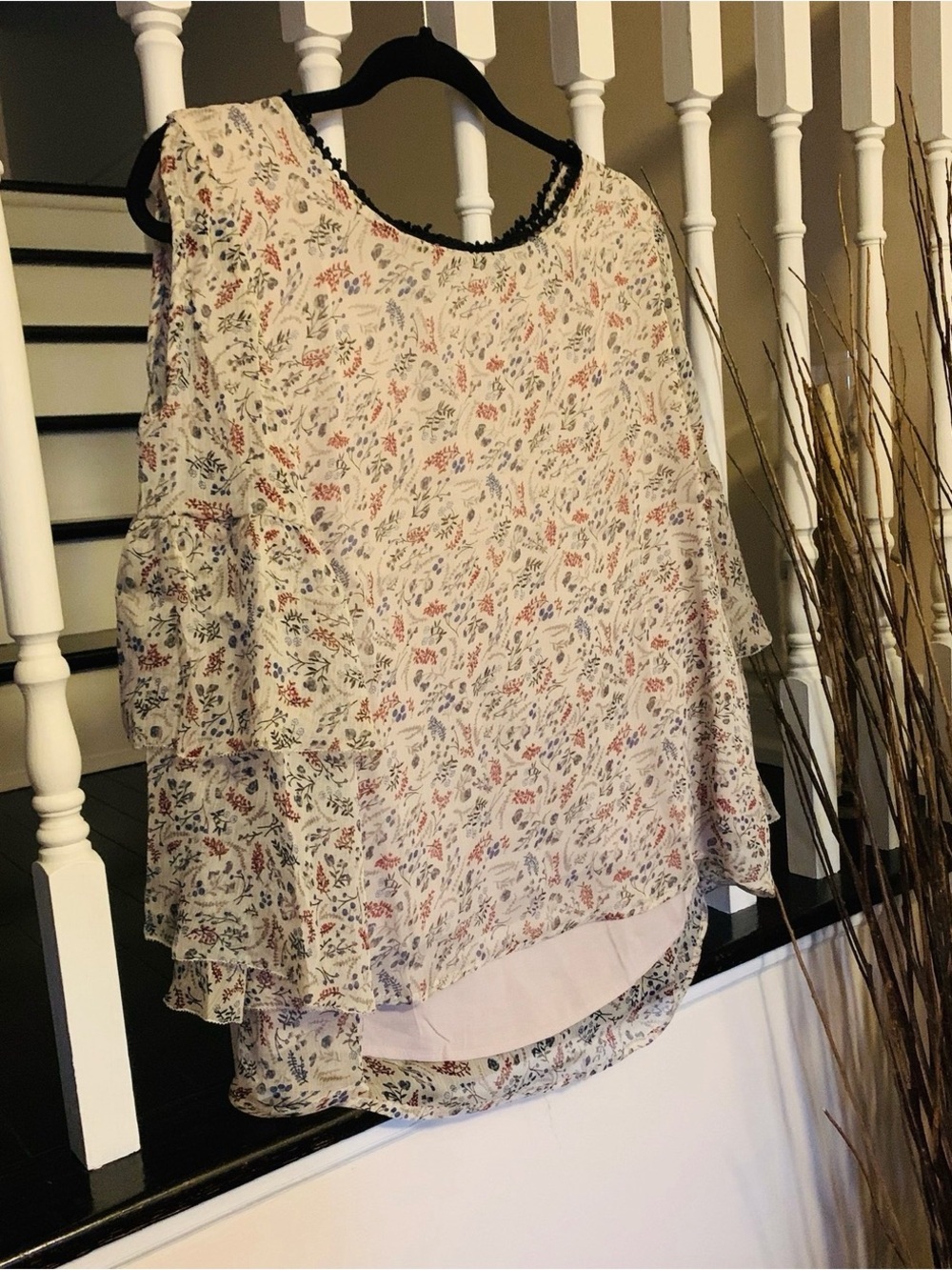 Paper Crane Cream Floral Ruffle Sleeve Blouse with Pink & Blue Accents